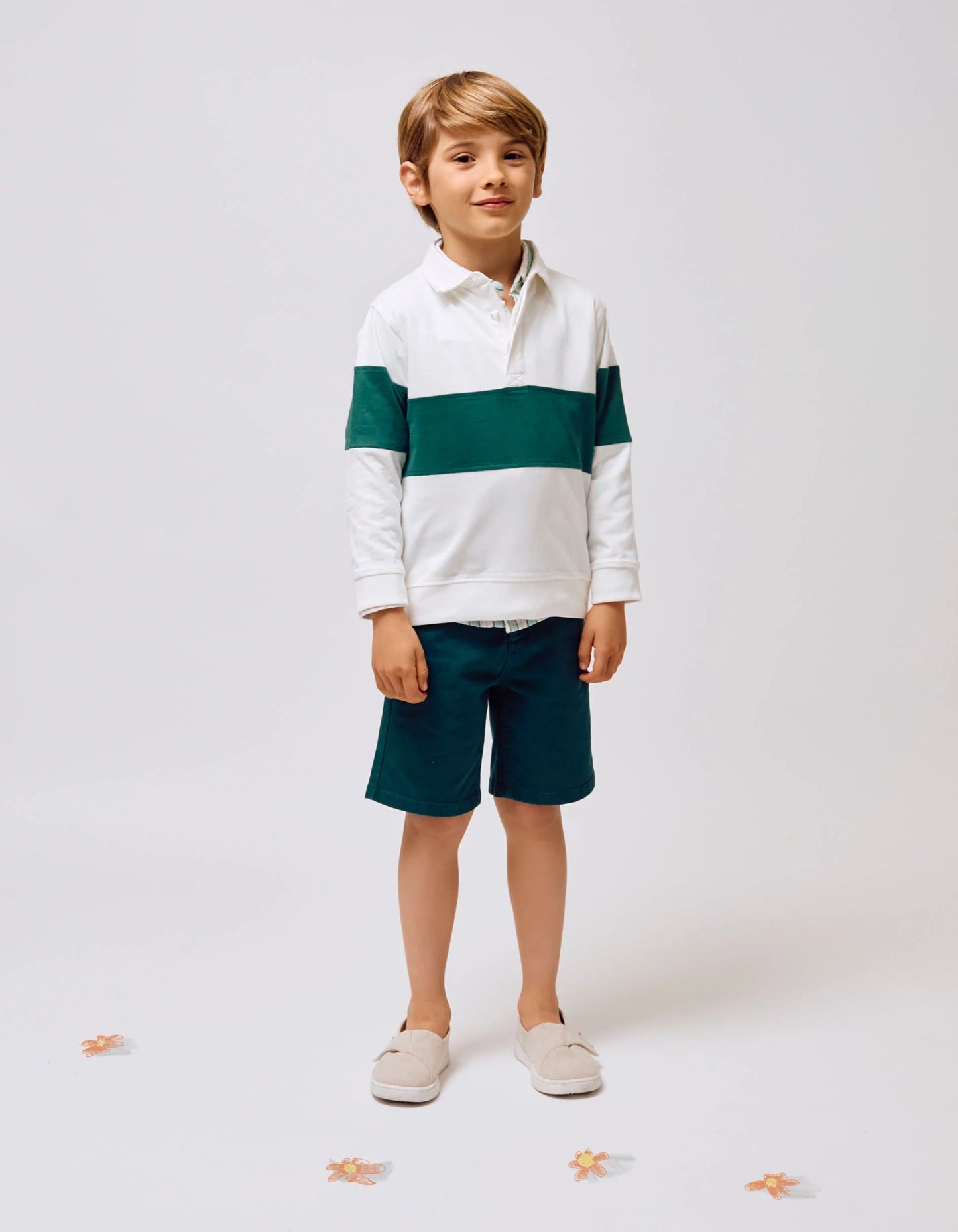 Cotton Polo Sweatshirt for Boys, White/Green