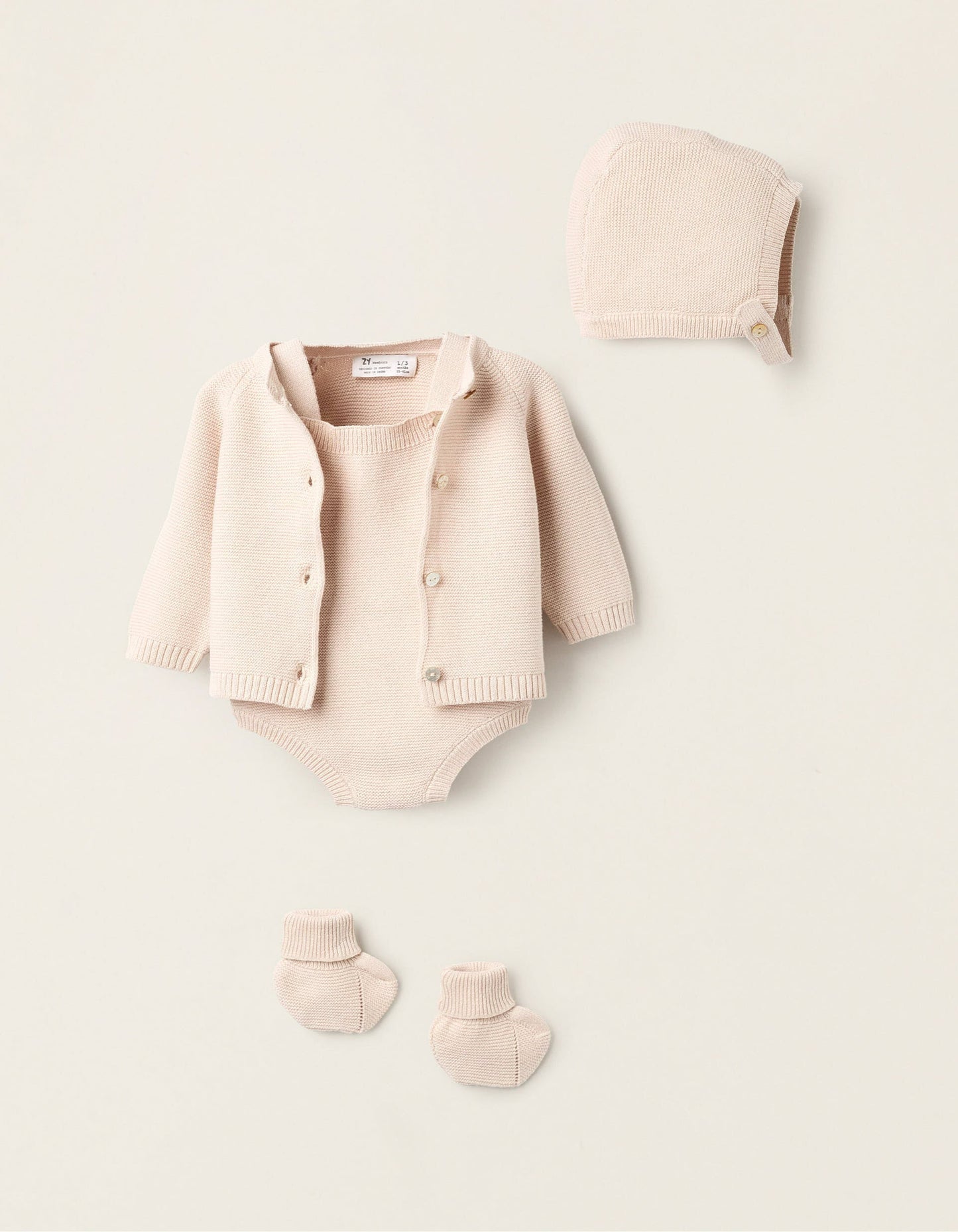 4-Piece Knitted Set in Cotton for Newborns, Beige