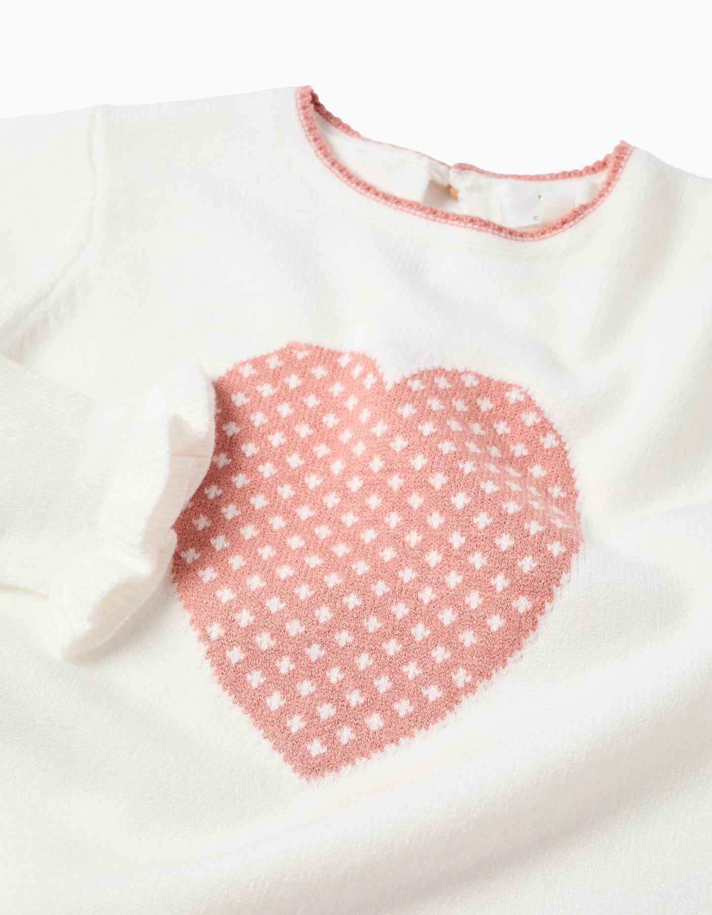 Heart Jacquard Jumper with Ruffles for Girls, White