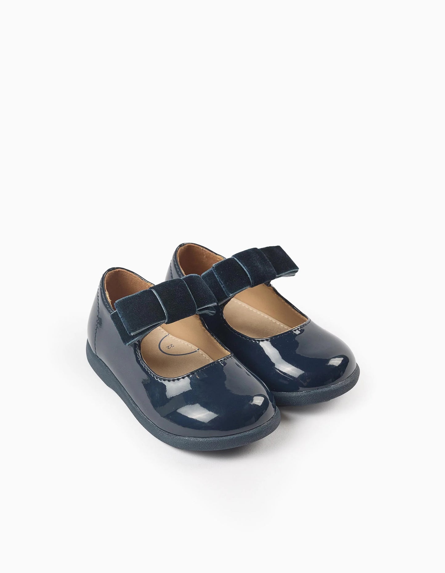 Patent Leather Ballerina Flats with Velvet Bow for Baby Girls, Dark Blue