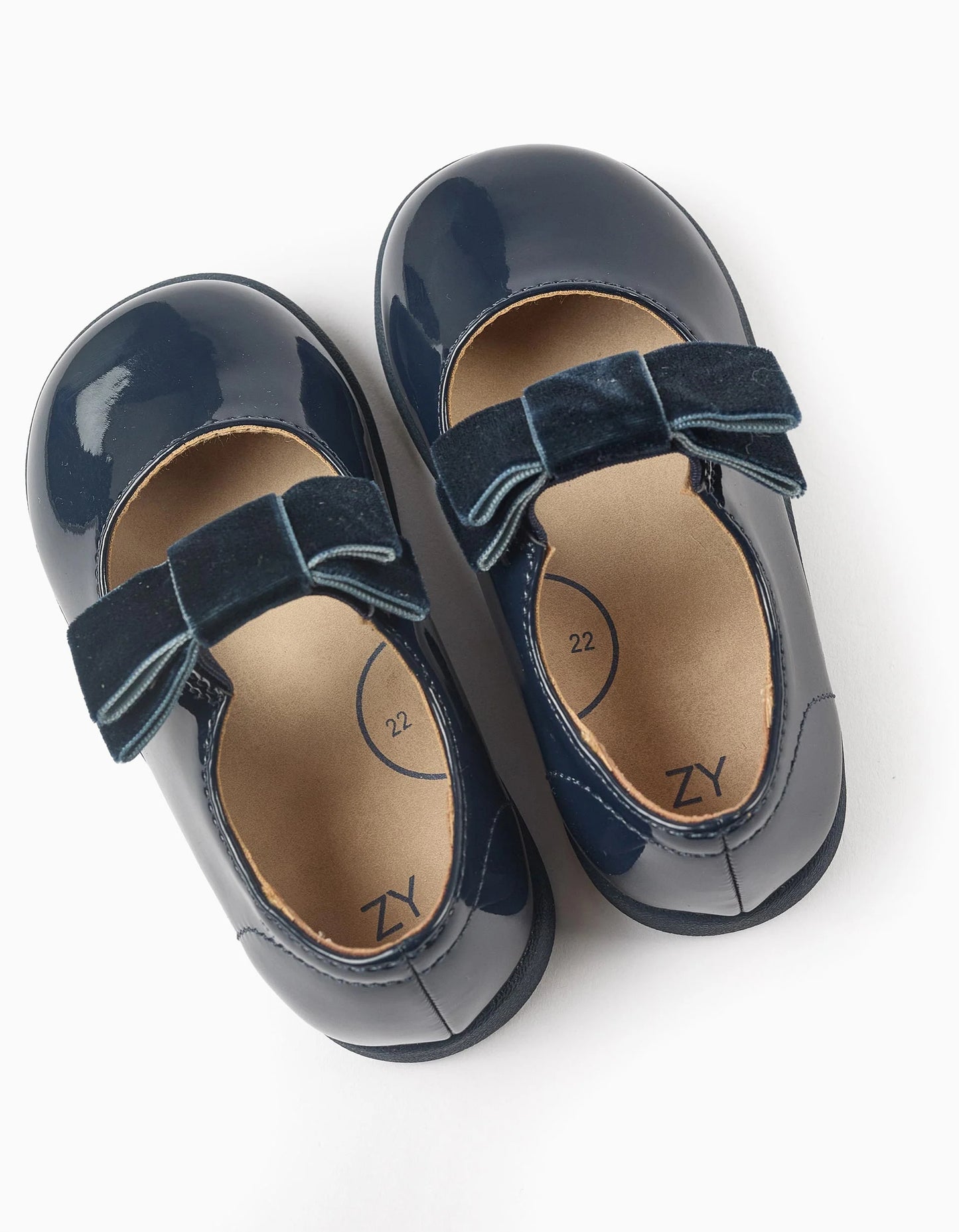 Patent Leather Ballerina Flats with Velvet Bow for Baby Girls, Dark Blue