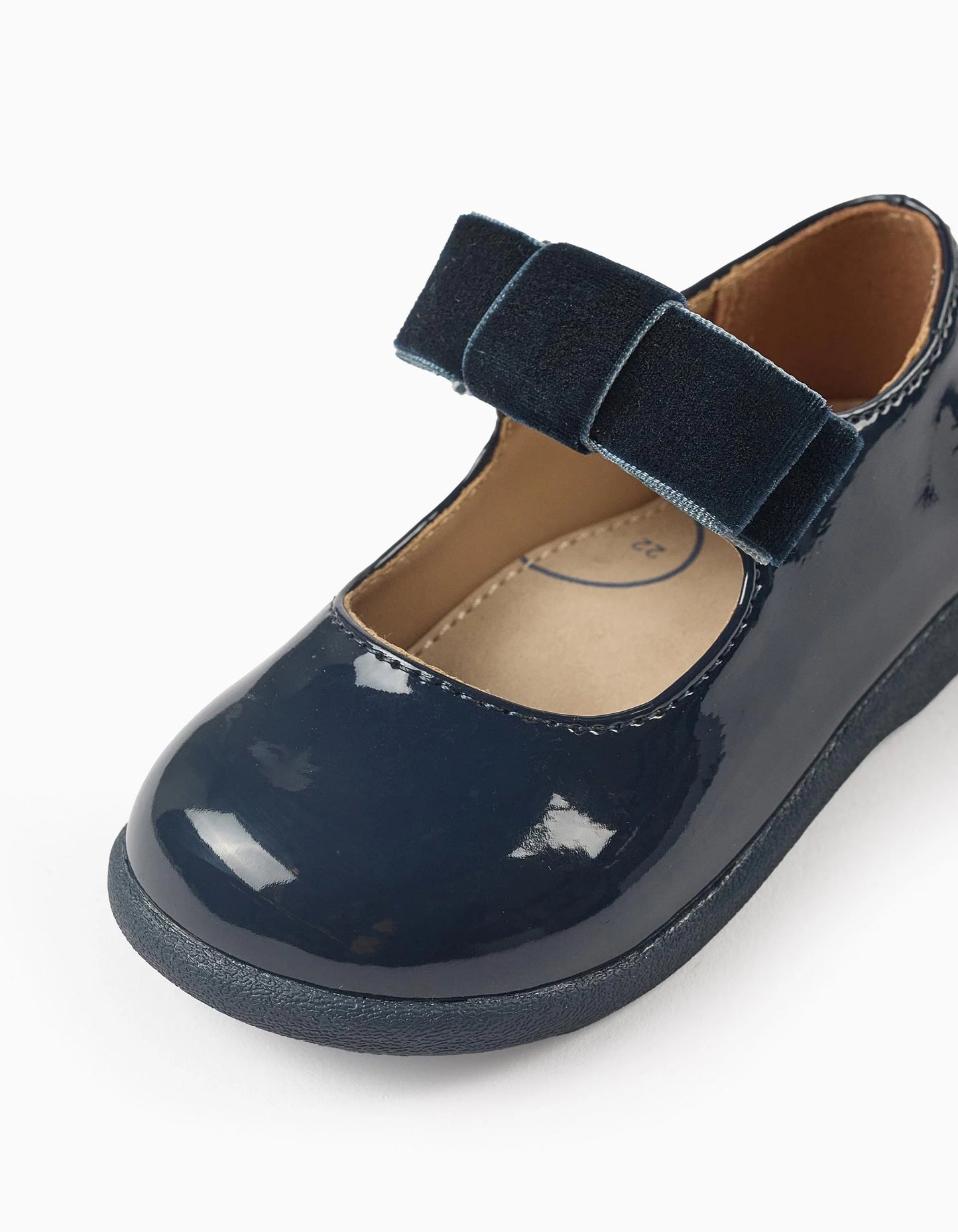 Patent Leather Ballerina Flats with Velvet Bow for Baby Girls, Dark Blue