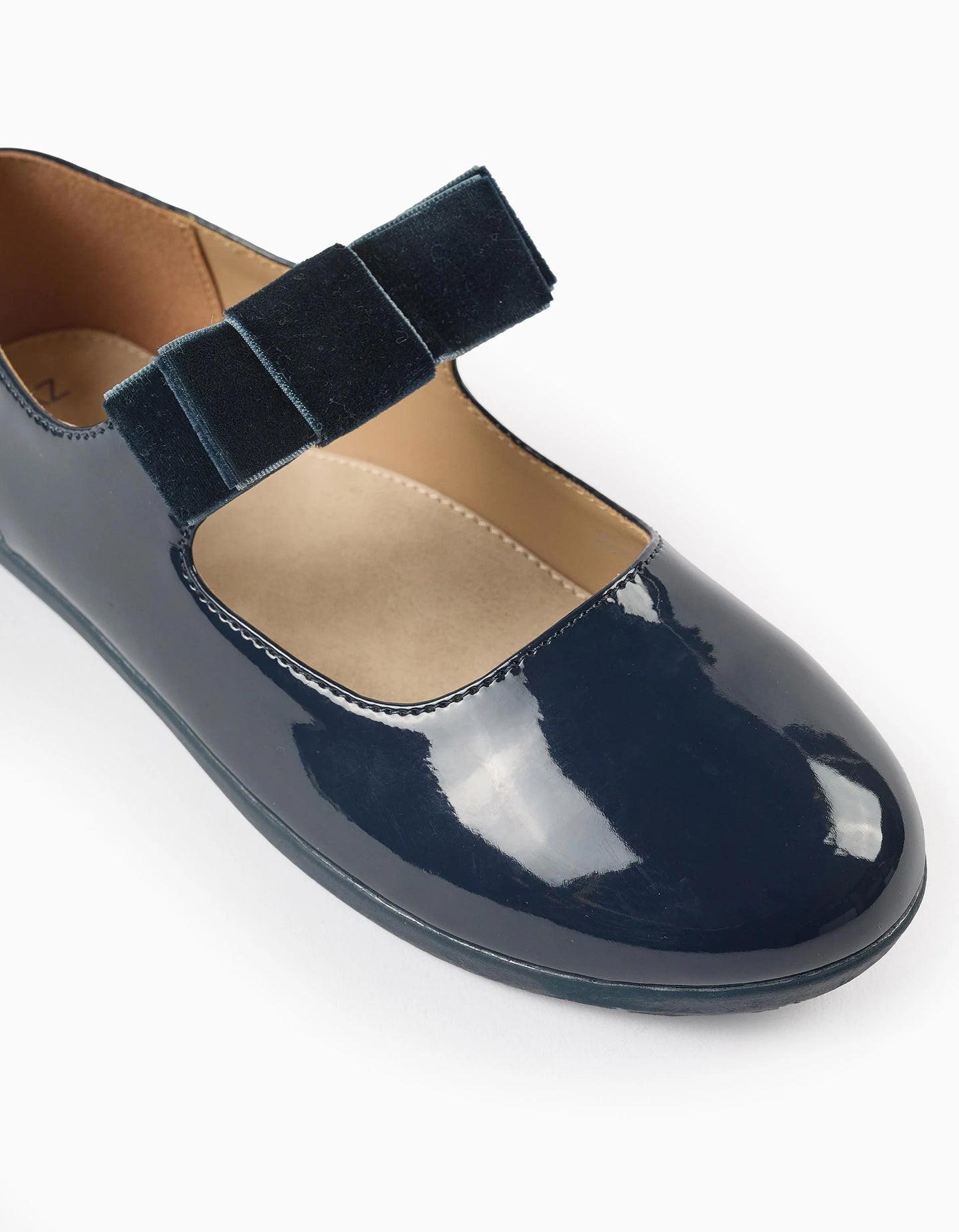 Patent Leather Ballerina Flats with Velvet Bow for Girls, Dark Blue