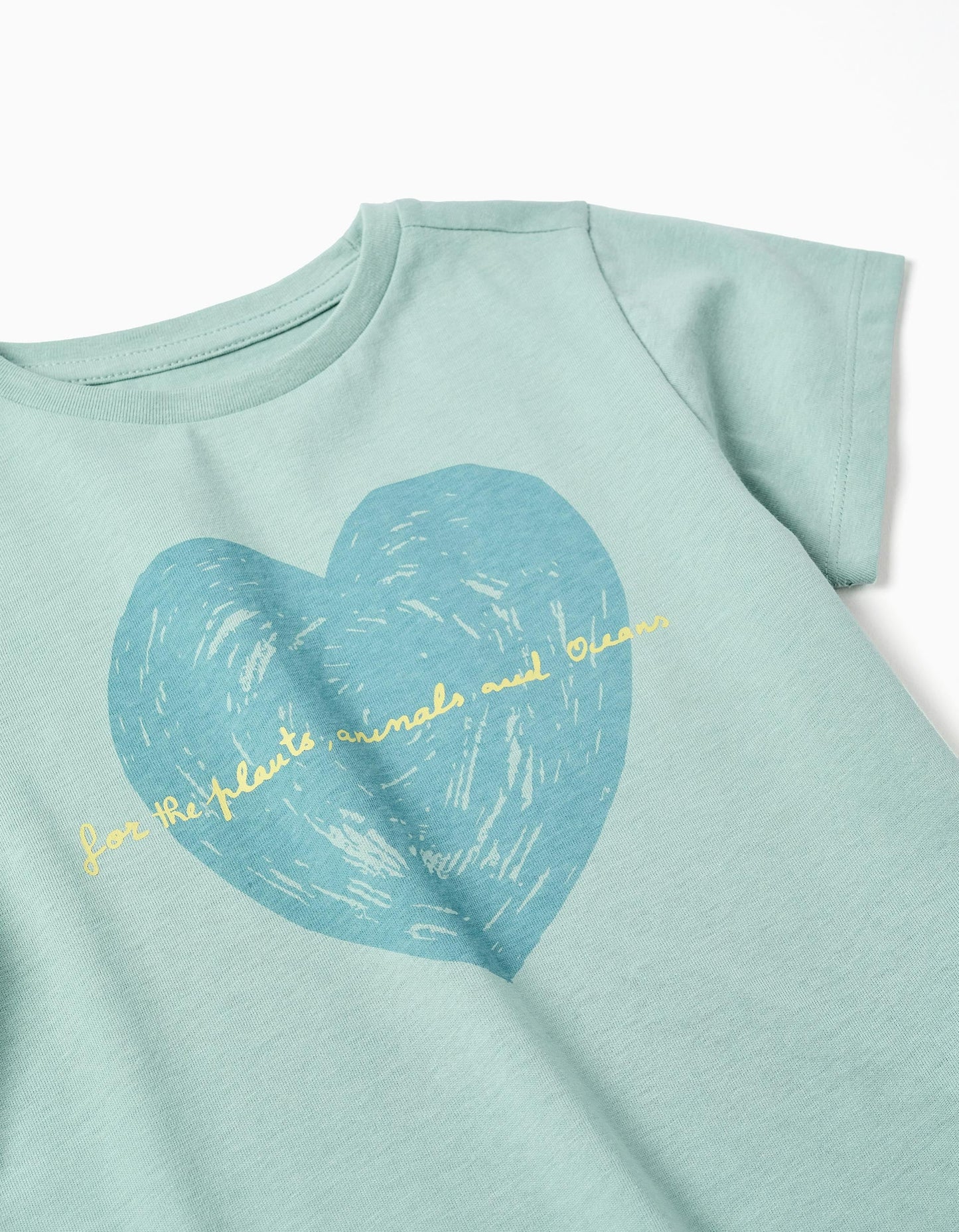 Cotton T-shirt with Heart Print for Girls, Light Green