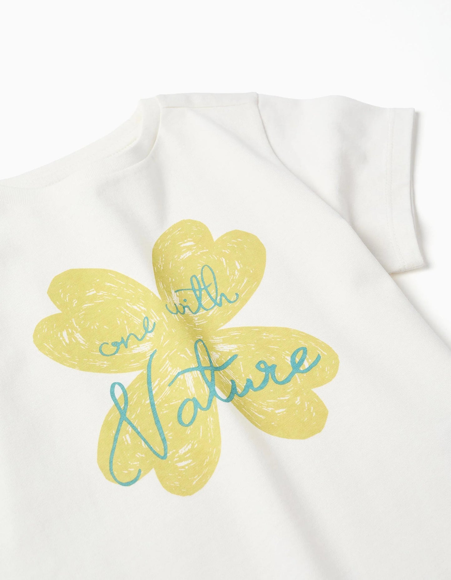 Cotton T-shirt with Flower Print for Girls, White/Green