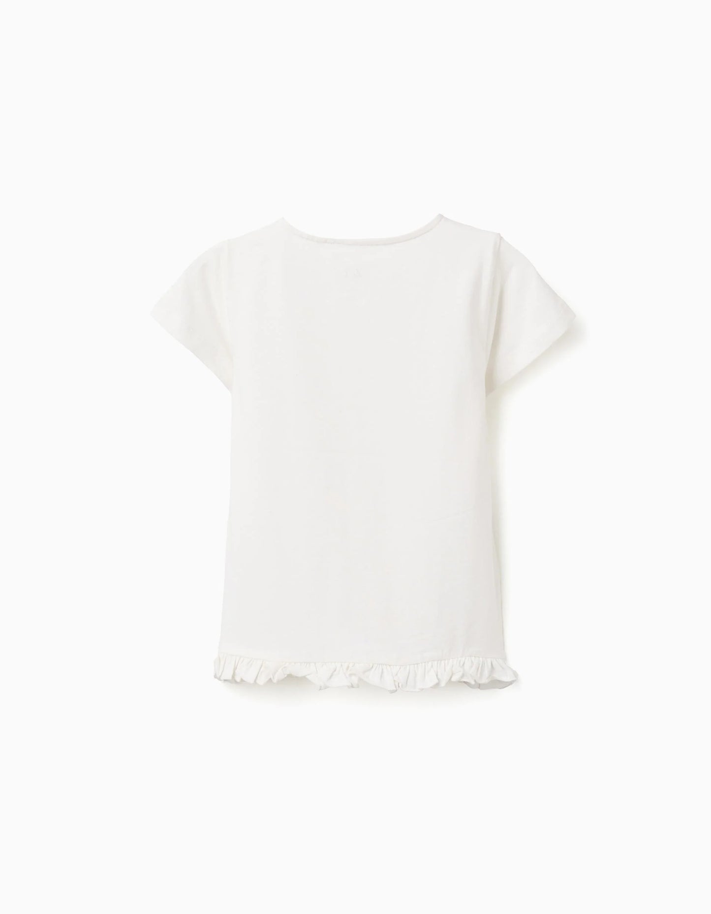 T-shirt with Printed Bow and Ruffle Hem for Girls, White