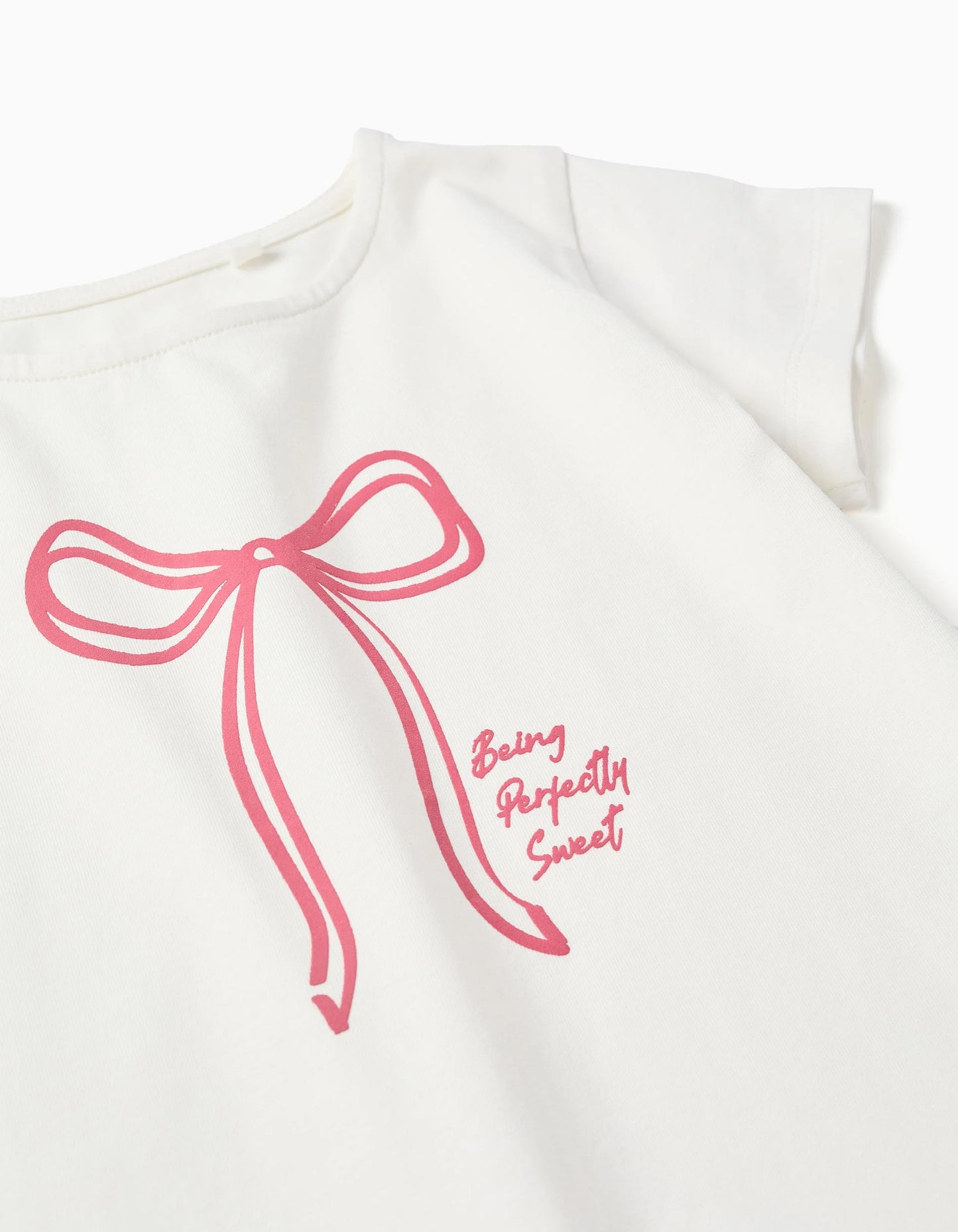 T-shirt with Printed Bow and Ruffle Hem for Girls, White