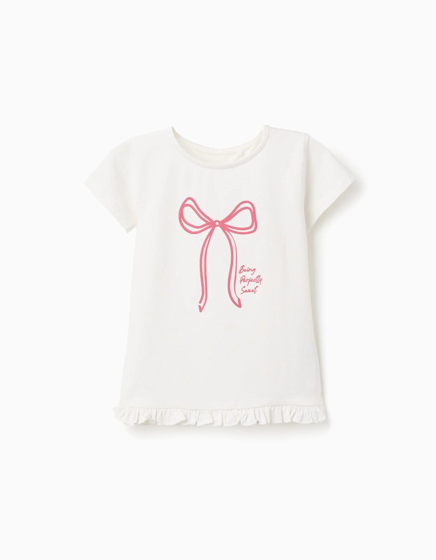 T-shirt with Printed Bow and Ruffle Hem for Girls, White