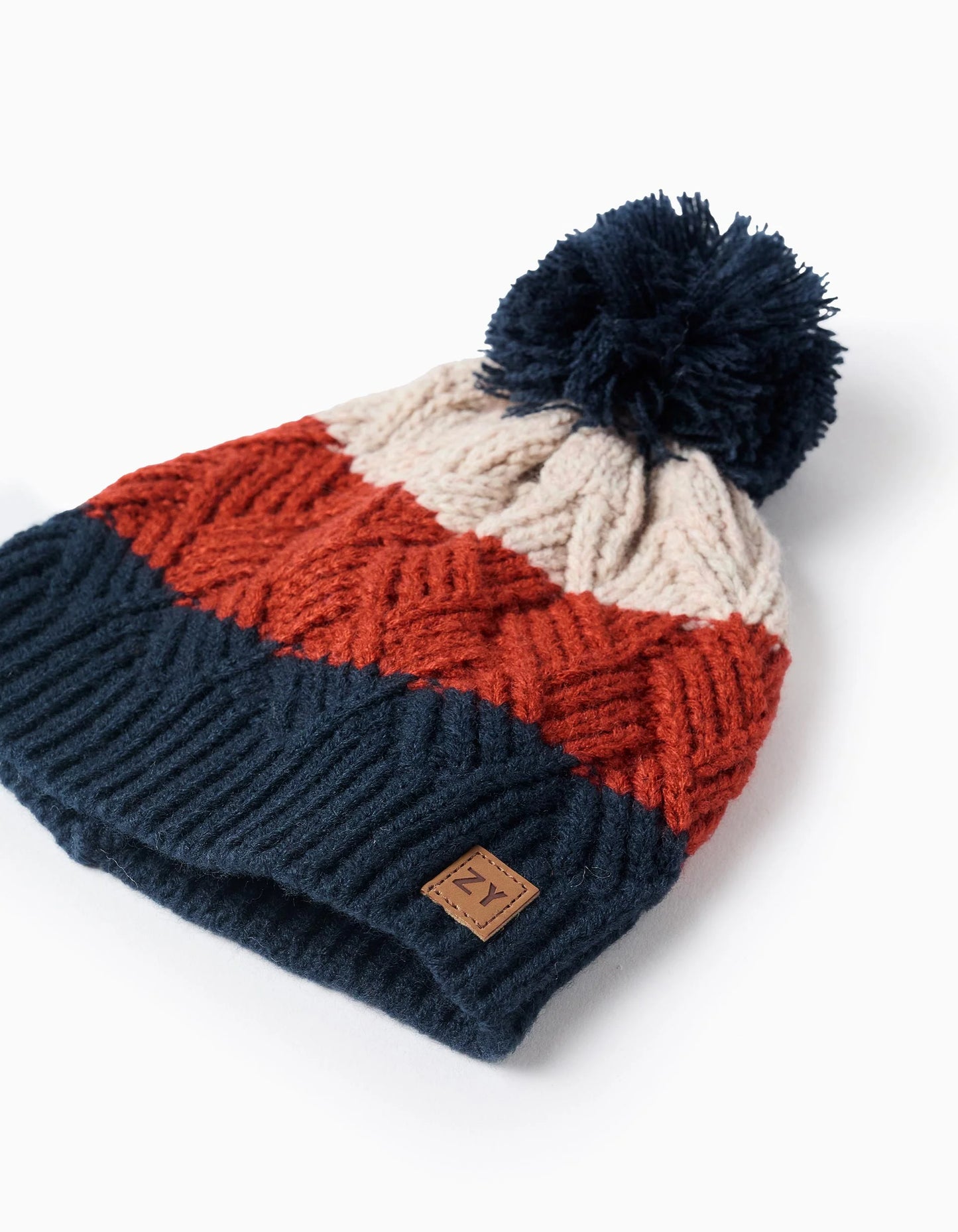 Striped Beanie with Pom Pom for Babies and Boys, Blue/Beige/Orange