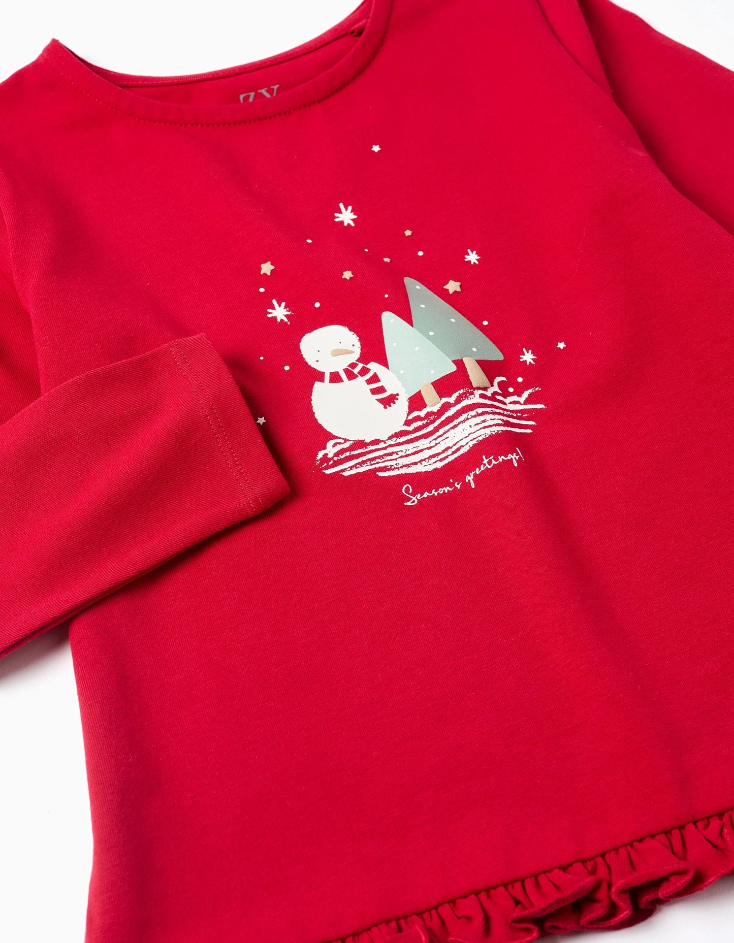 Long Sleeve T-shirt with Snowman Print and Ruffles for Girls, Red