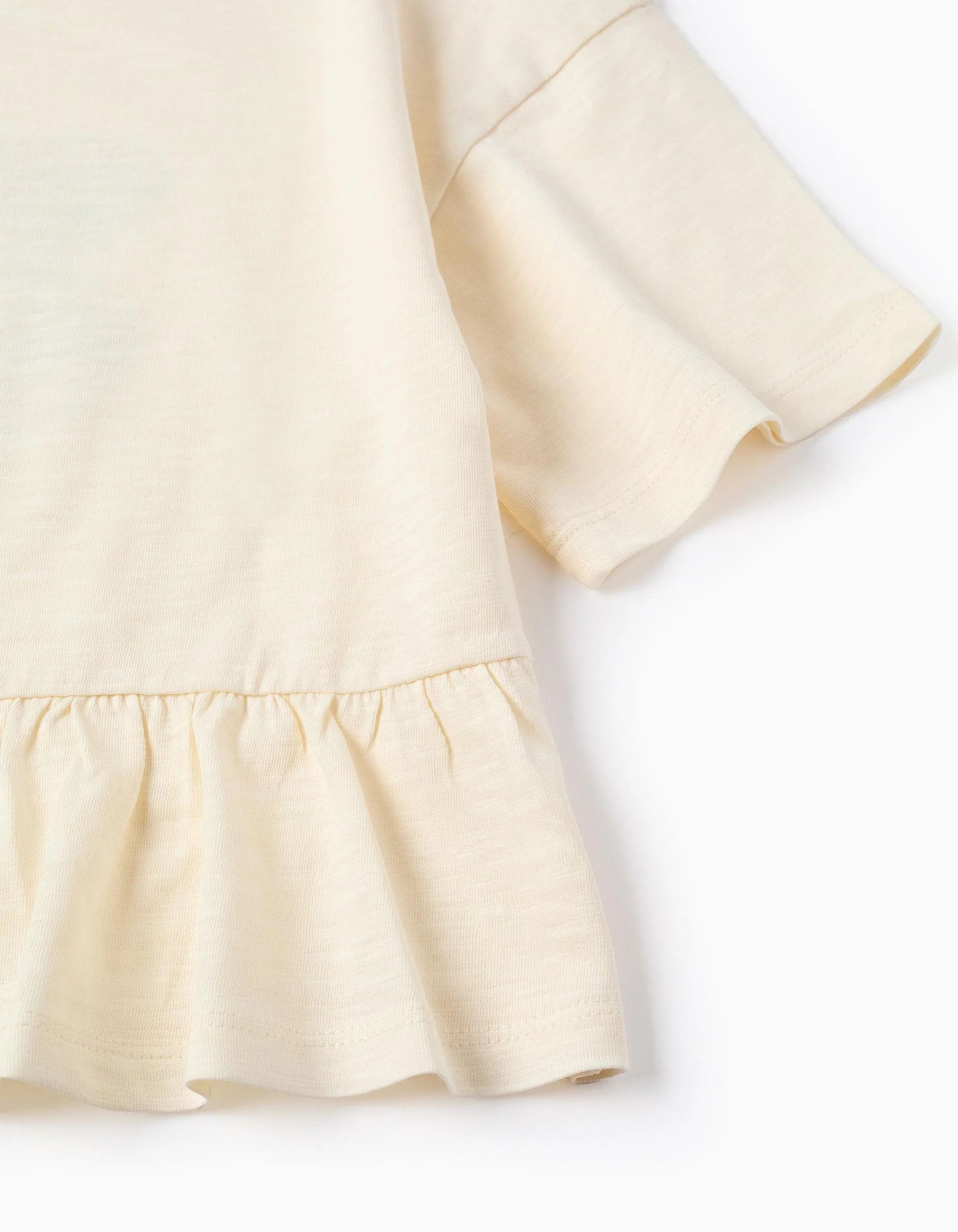 Oversize cotton T-shirt with print and ruffles for girls, light beige