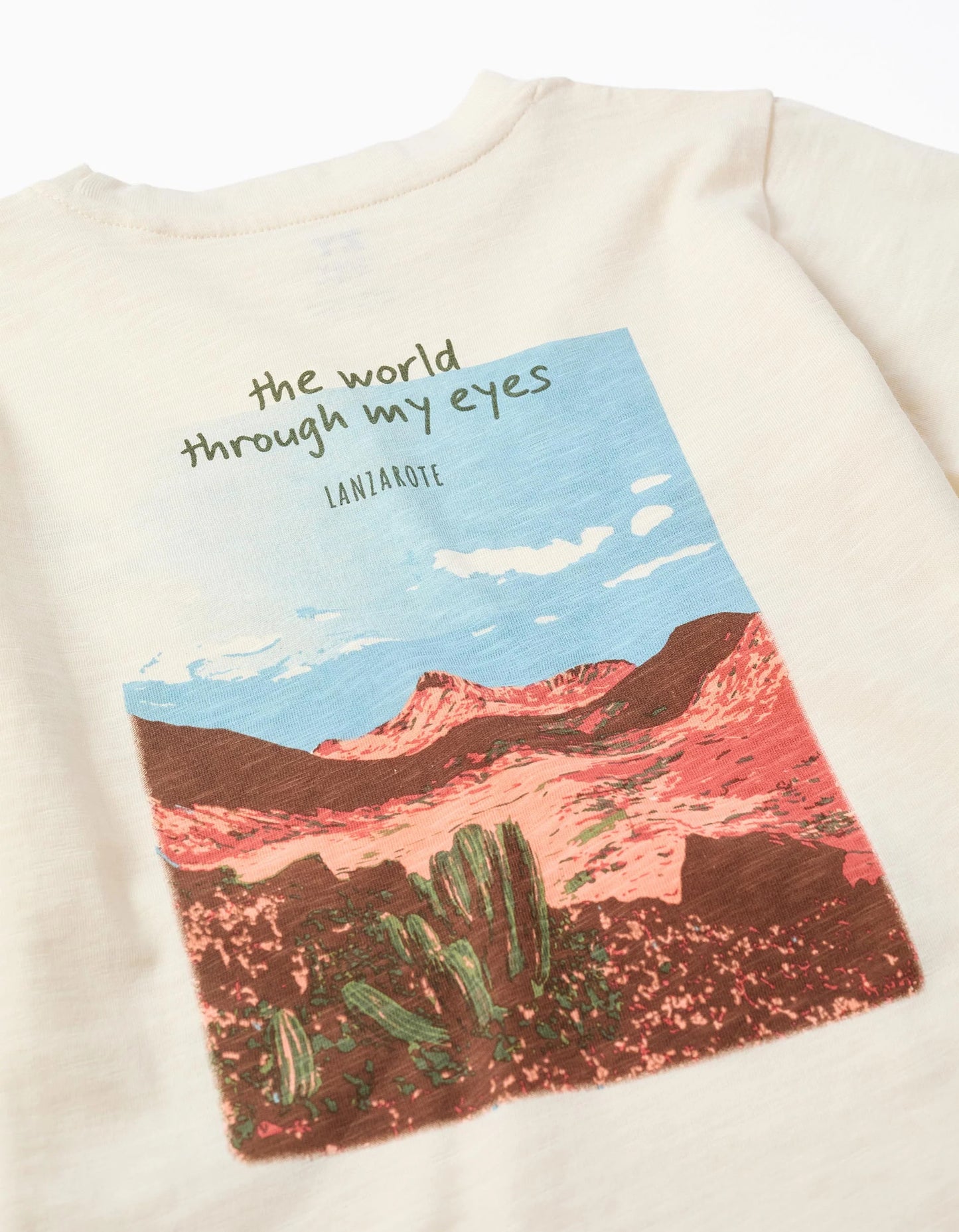 Cotton T-shirt with Lanzarote prints for boys, light beige