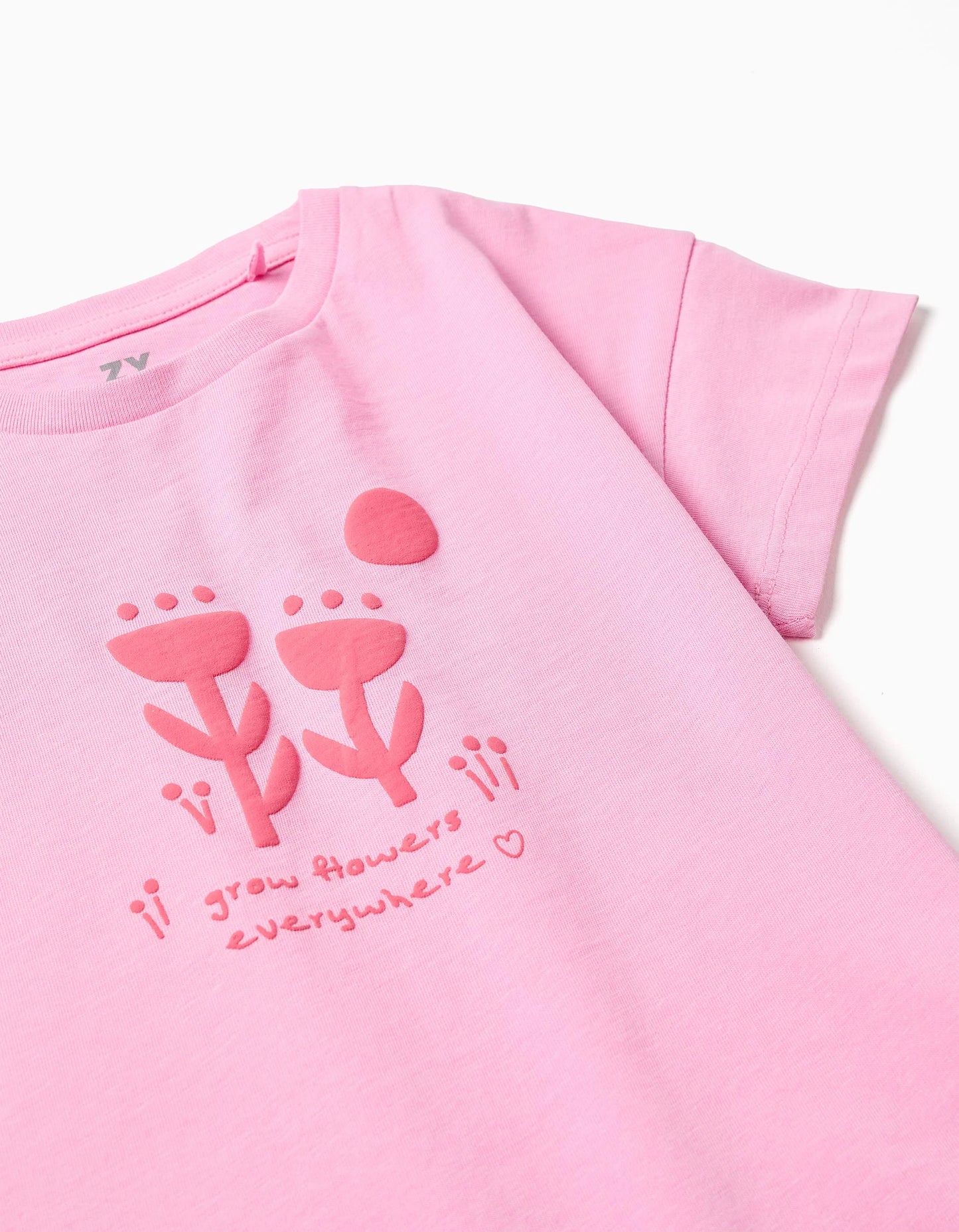 Cotton T-shirt with embossed floral print for girls, pink