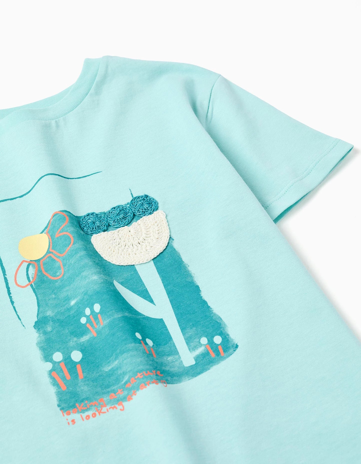 Cotton T-shirt with print and crochet application for girls, light blue