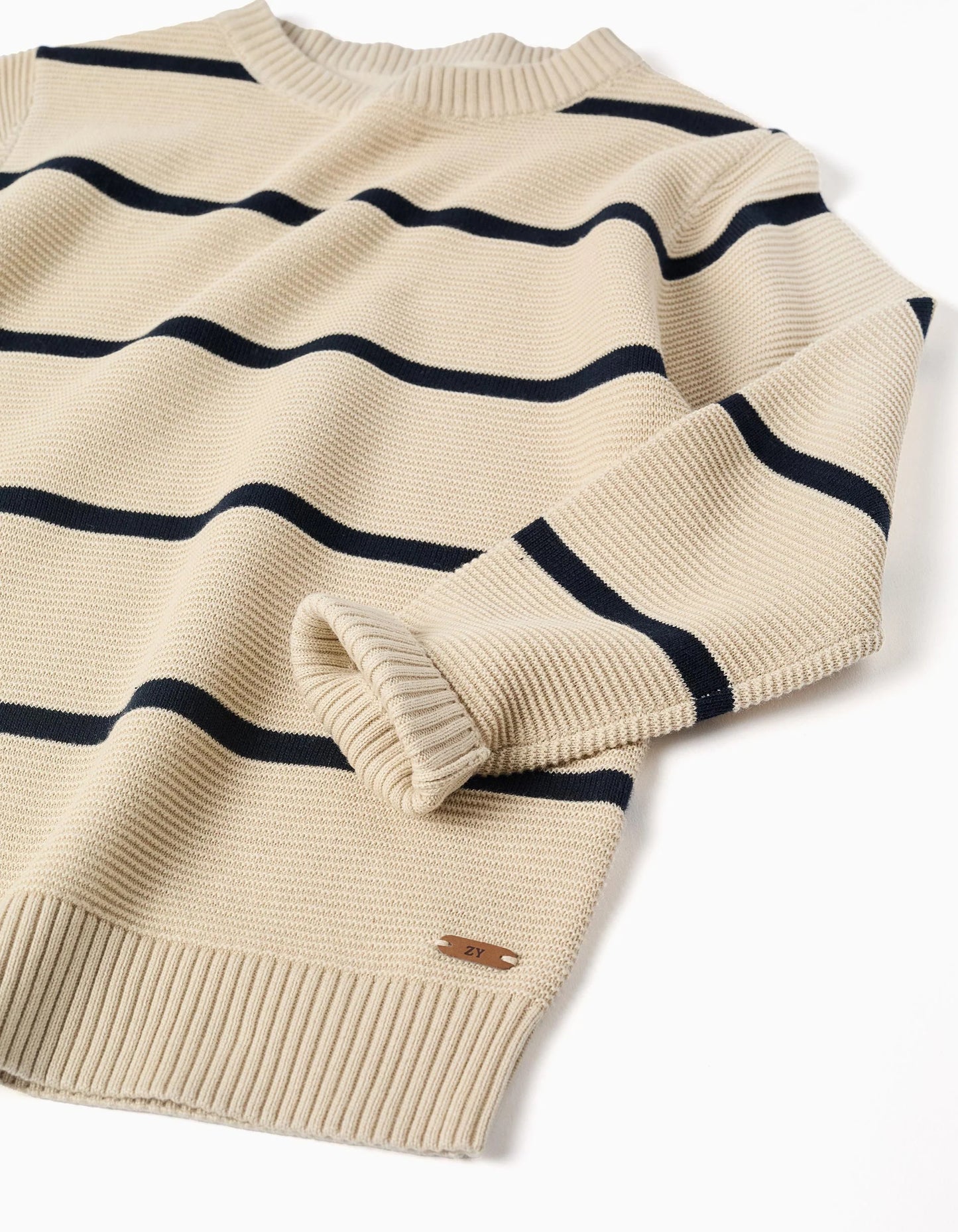 Cotton Knit Jumper with Stripes for Boys, Beige/Dark Blue
