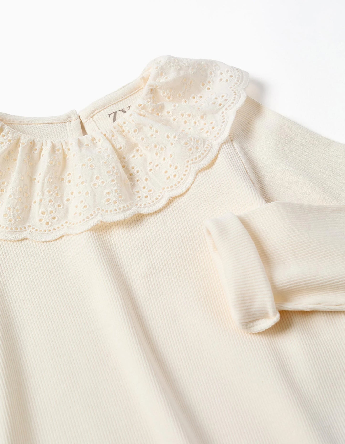 Long Sleeve Ribbed Cotton T-shirt with Broderie Anglaise for Girls, White