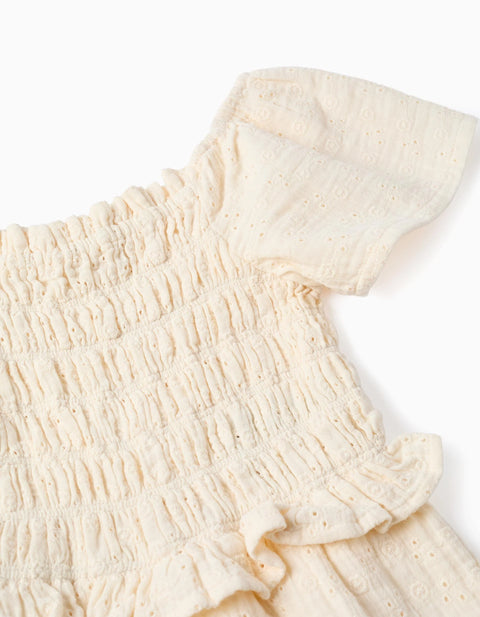 Wide Leg Cotton Jumpsuit in Broderie Anglaise for Girls, Light Beige