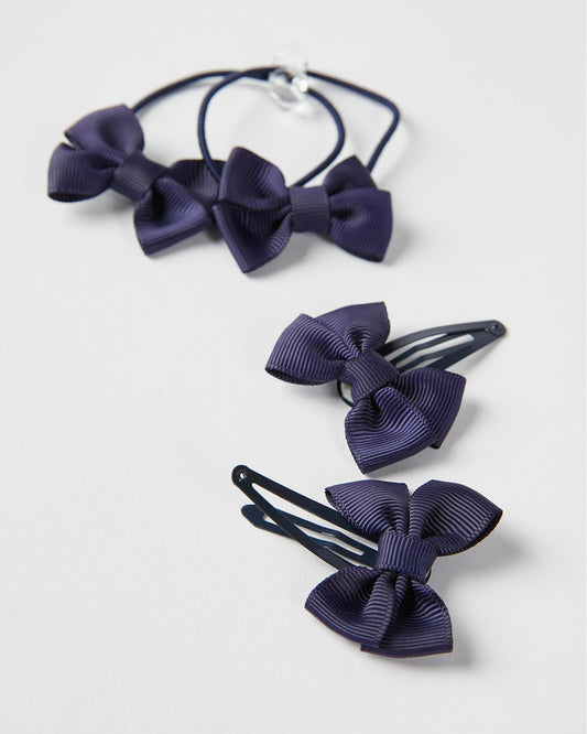 2 Hairpins + 2 Bobbles with Bow for Babies and Girls, Dark Blue