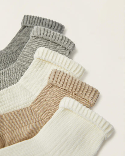 Pack of 5 Ribbed Socks with Fold for Baby, White/Grey/Brown