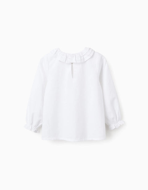 Cotton Twill Blouse with Ruffles for Girls, White