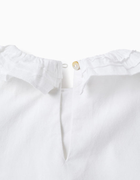 Cotton Twill Blouse with Ruffles for Girls, White