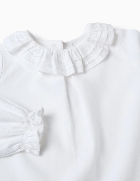 Cotton Twill Blouse with Ruffles for Girls, White