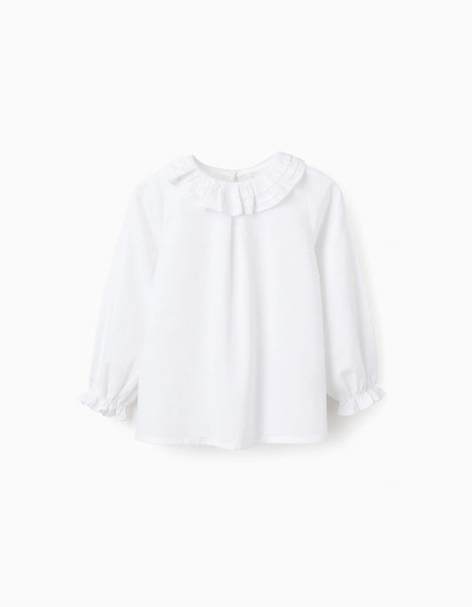 Cotton Twill Blouse with Ruffles for Girls, White
