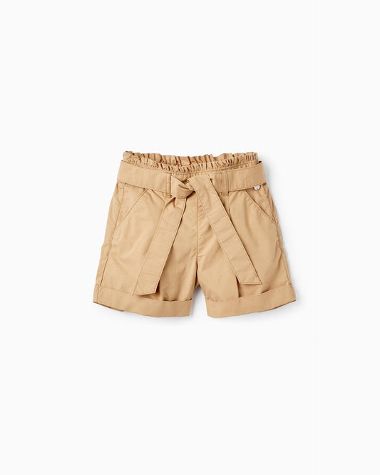 Cotton Shorts with Ribbon for Girls, Beige