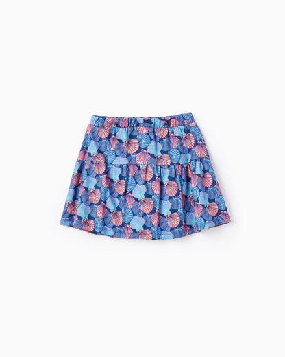 Printed Skirt with Built-in Shorts for Girls, Blue/Coral