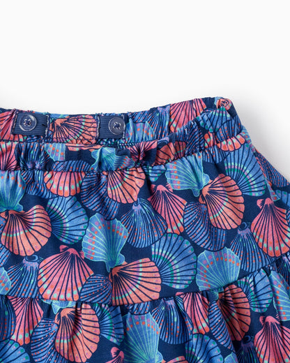 Printed Skirt with Built-in Shorts for Girls, Blue/Coral