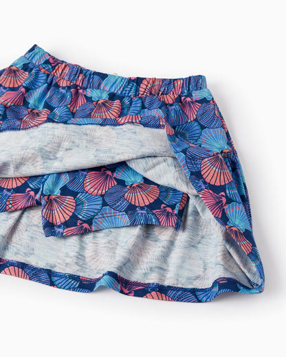Printed Skirt with Built-in Shorts for Girls, Blue/Coral