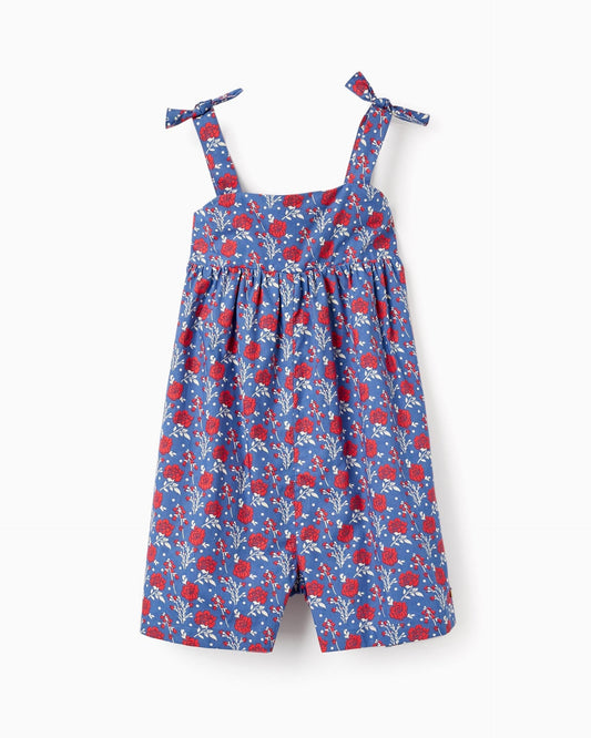 Floral Cotton Jumpsuit for Girls, Blue/Red