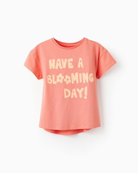 Cotton T-Shirt for Girls 'Have a Blooming Day!', Coral