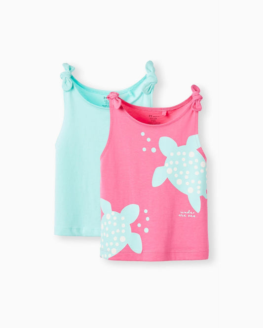 Pack of 2 Cotton Tops for Baby Girls 'Turtle', Pink/Aqua Green