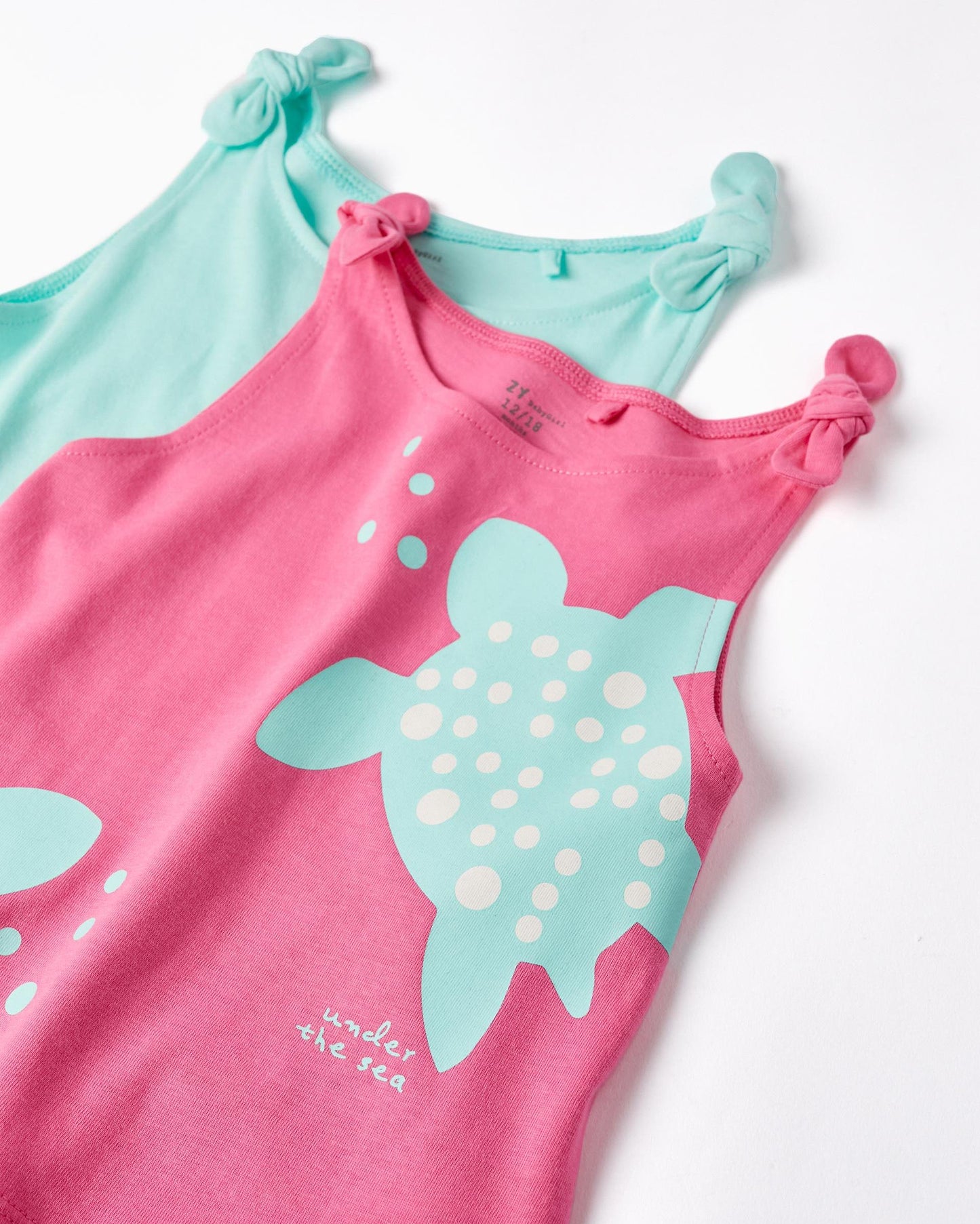 Pack of 2 Cotton Tops for Baby Girls 'Turtle', Pink/Aqua Green