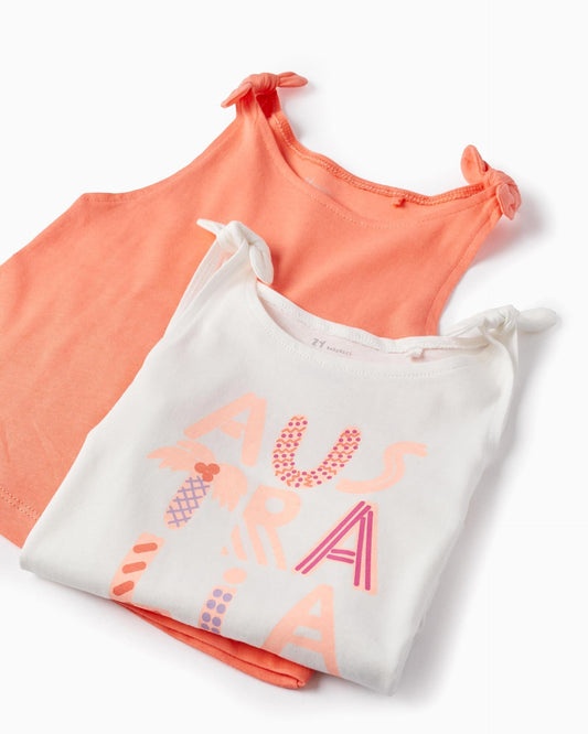 2 Cotton Tops for Baby Girls 'Australia', White/Coral