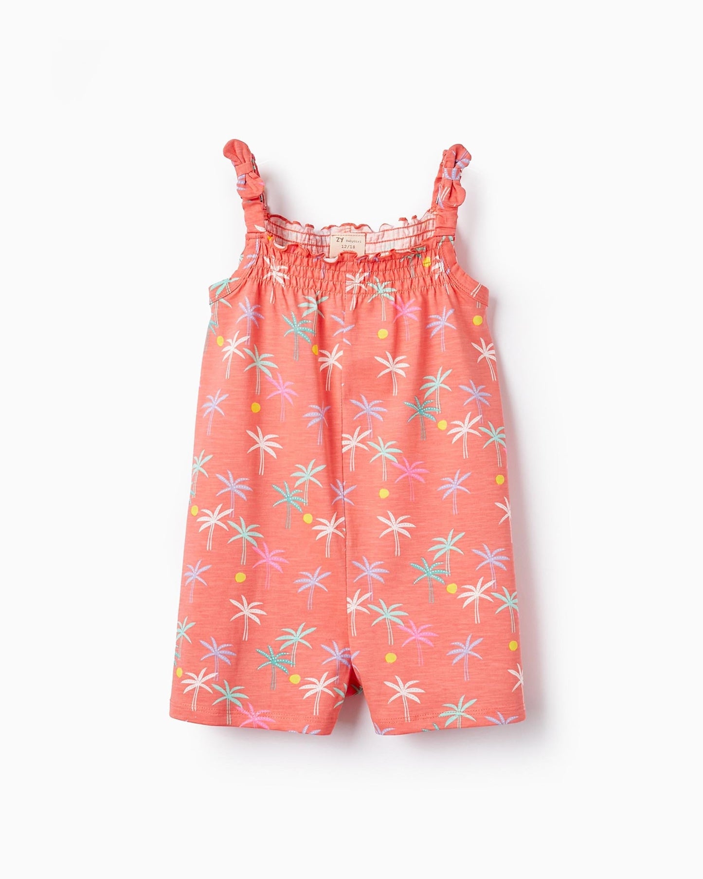 Short Cotton Jumpsuit for Baby Girls 'Palm Trees', Coral