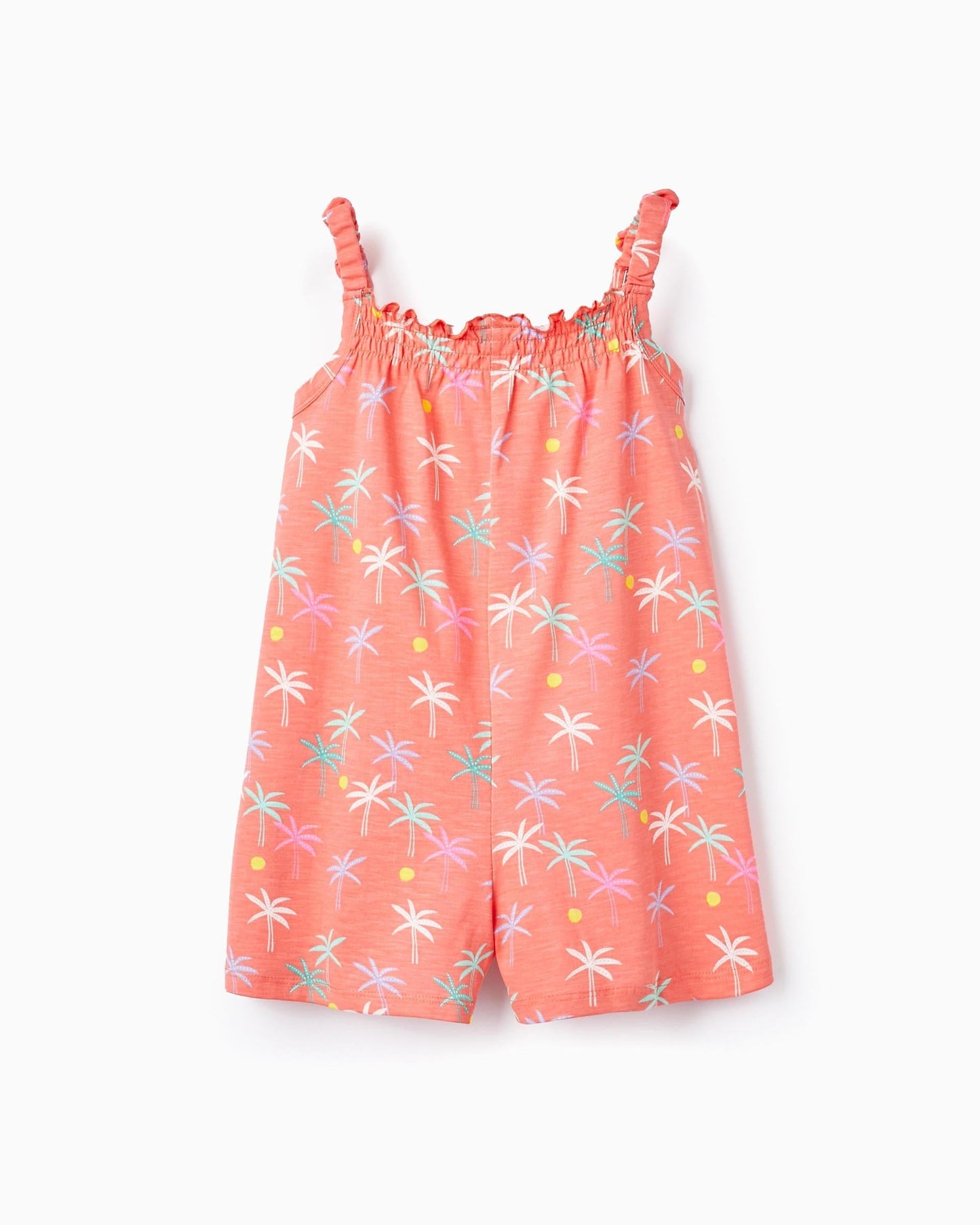 Short Cotton Jumpsuit for Baby Girls 'Palm Trees', Coral