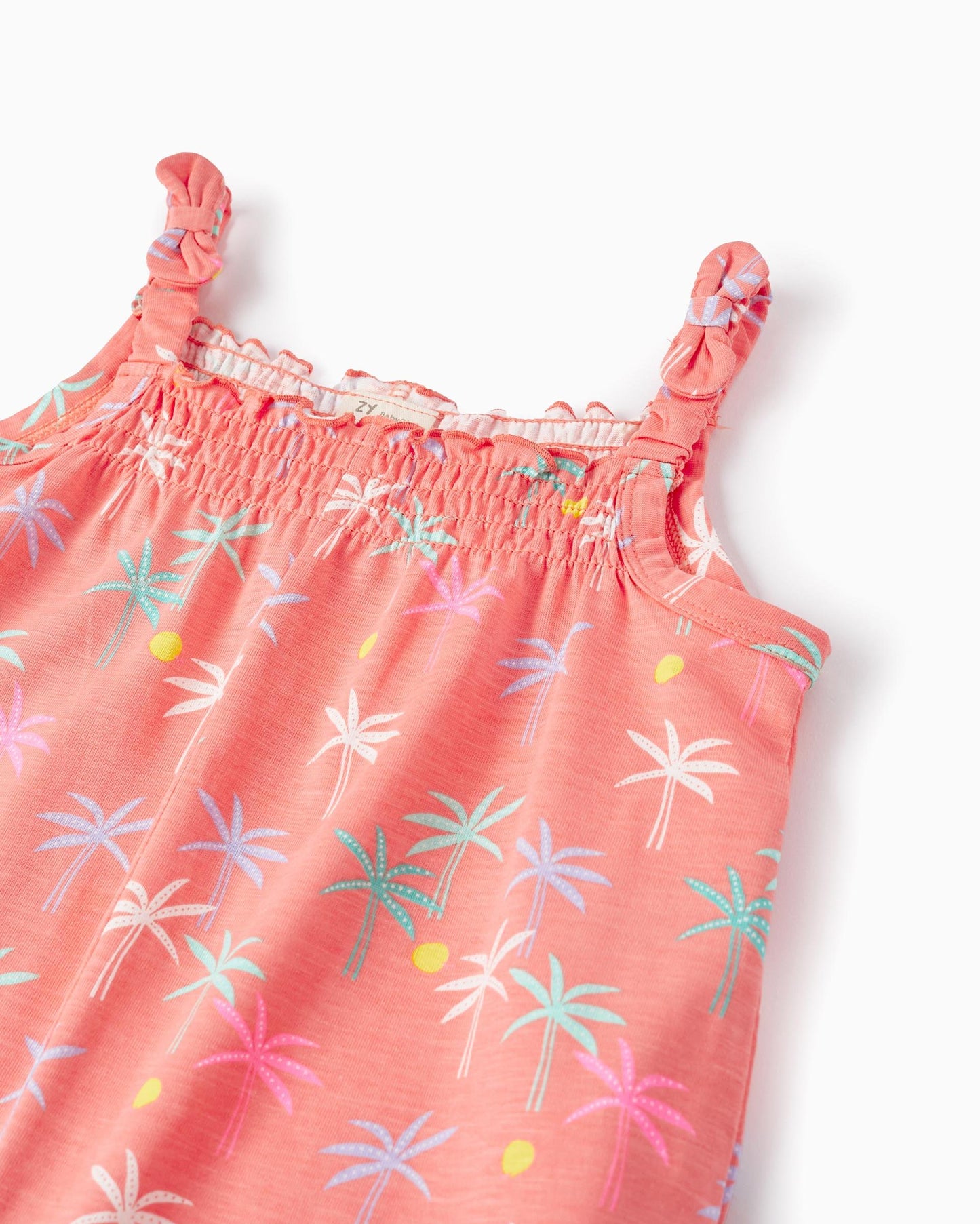 Short Cotton Jumpsuit for Baby Girls 'Palm Trees', Coral