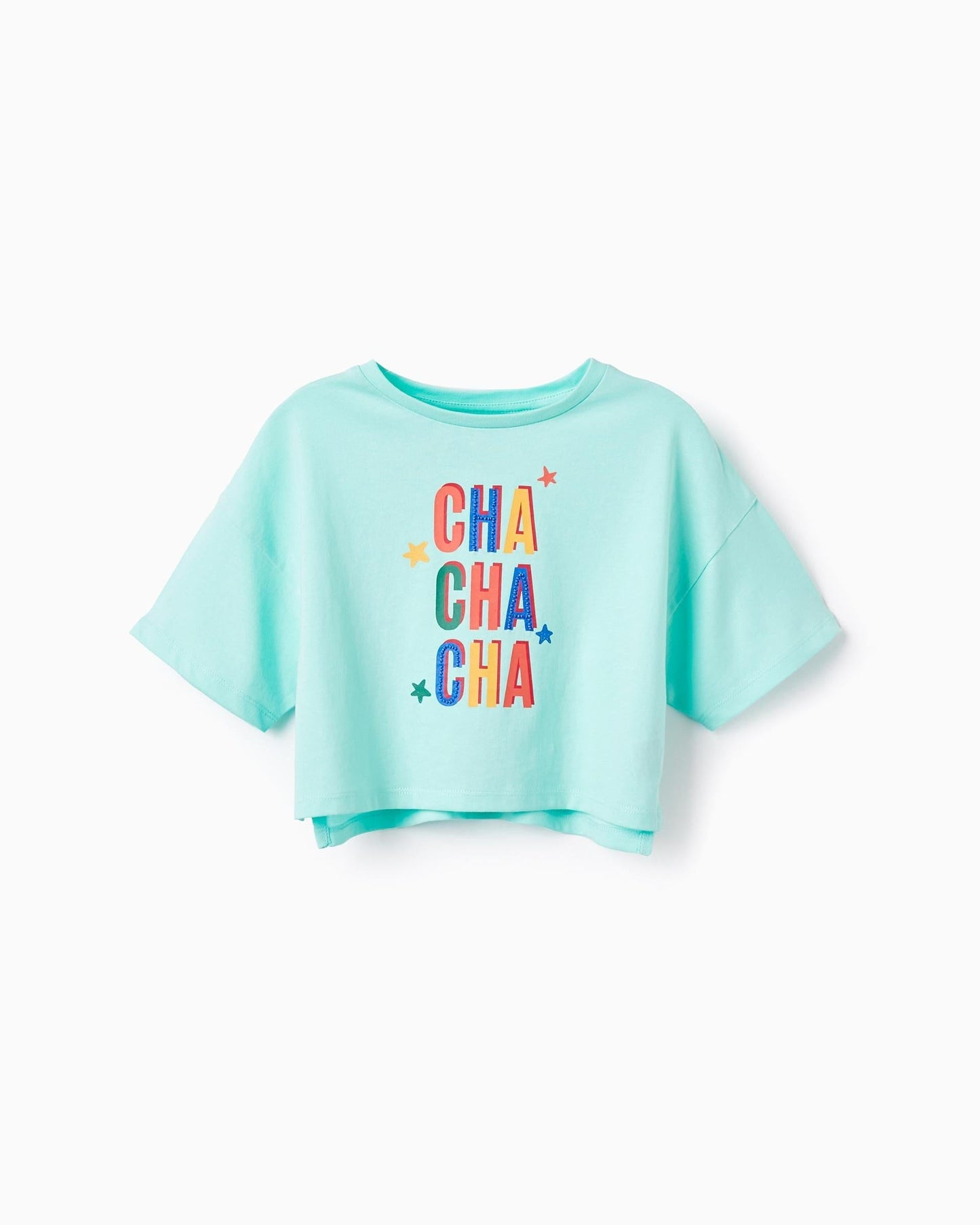 Cotton Crop T-shirt for Girls 'Cha Cha Cha', Aqua Green