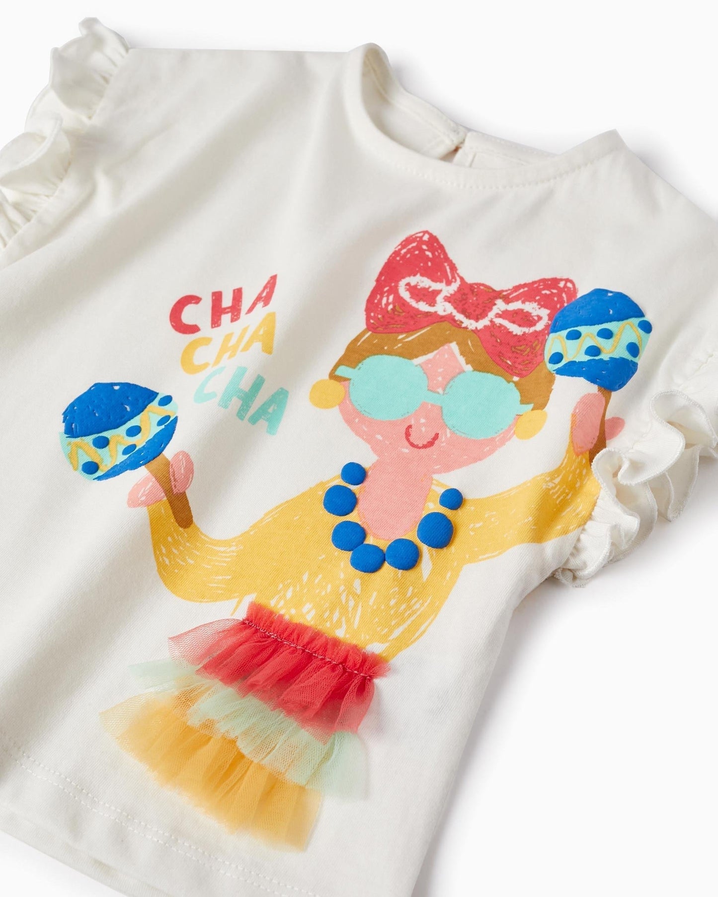 Cotton T-shirt with Ruffles for Baby Girls 'Cha Cha Cha', White