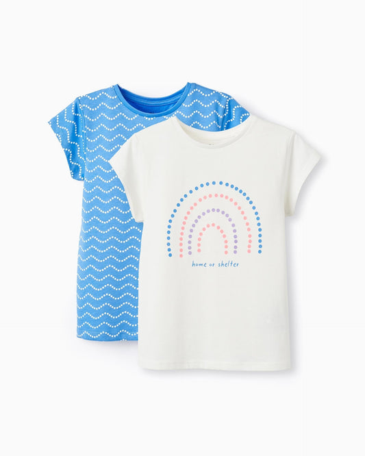 Pack of 2 Cotton T-shirts for Girls 'Polka Dots', White/Blue