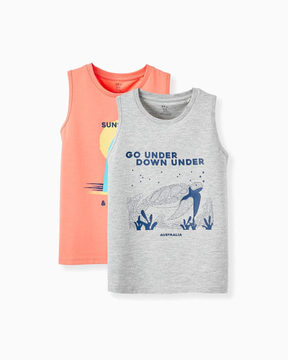 2 Sleeveless Cotton T-shirts for Boys 'Australia', Grey/Coral