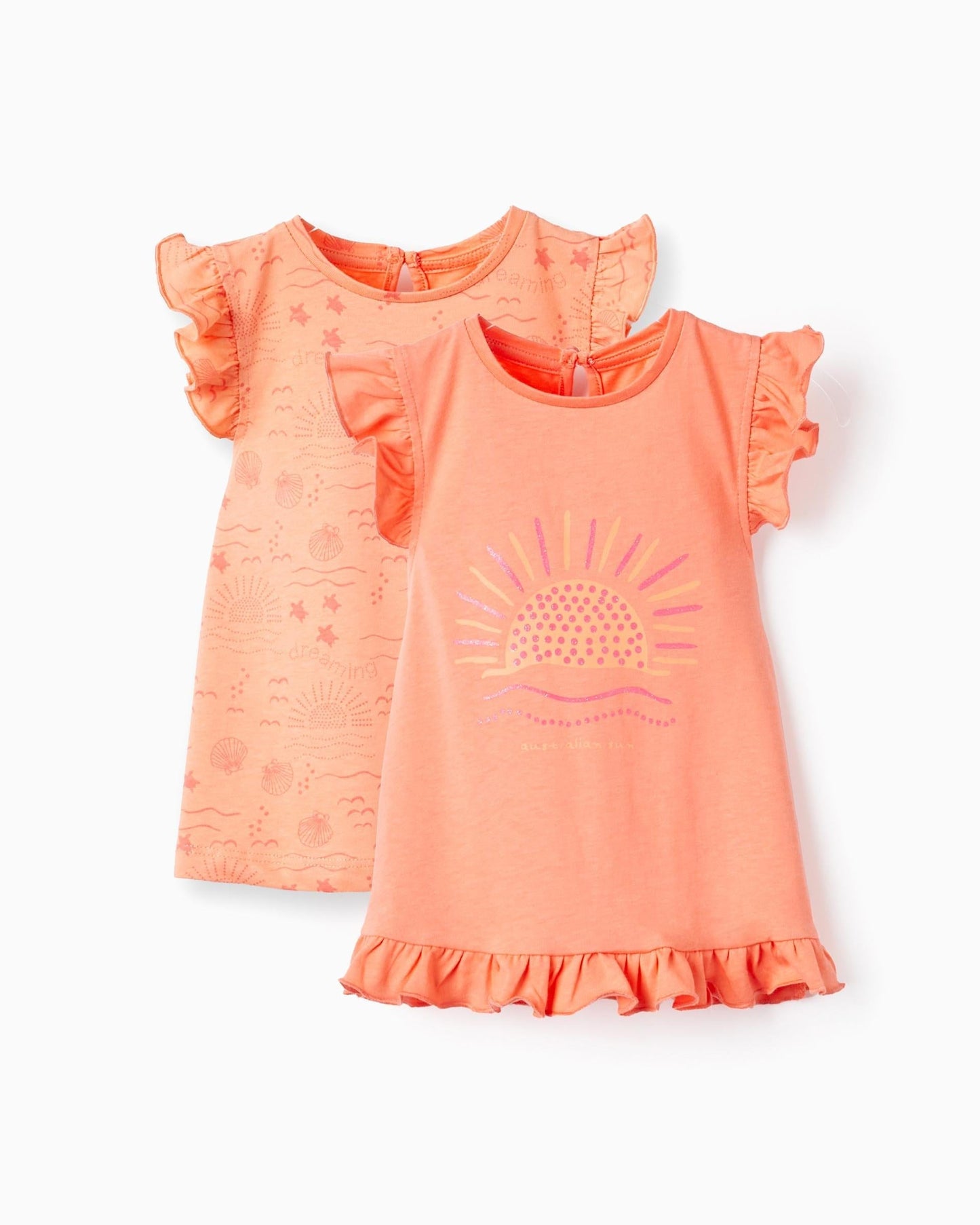 Pack of 2 Cotton Sleeveless T-shirts for Baby Girls 'Sun', Coral