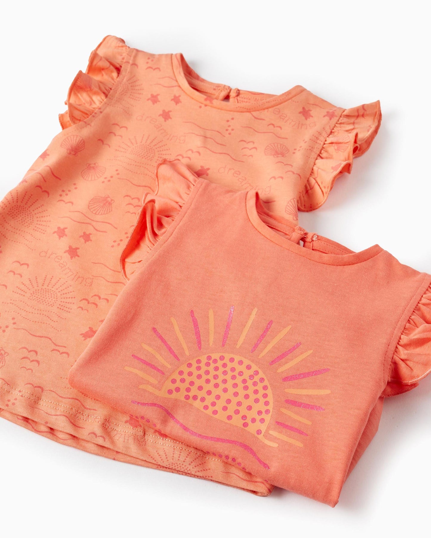 Pack of 2 Cotton Sleeveless T-shirts for Baby Girls 'Sun', Coral