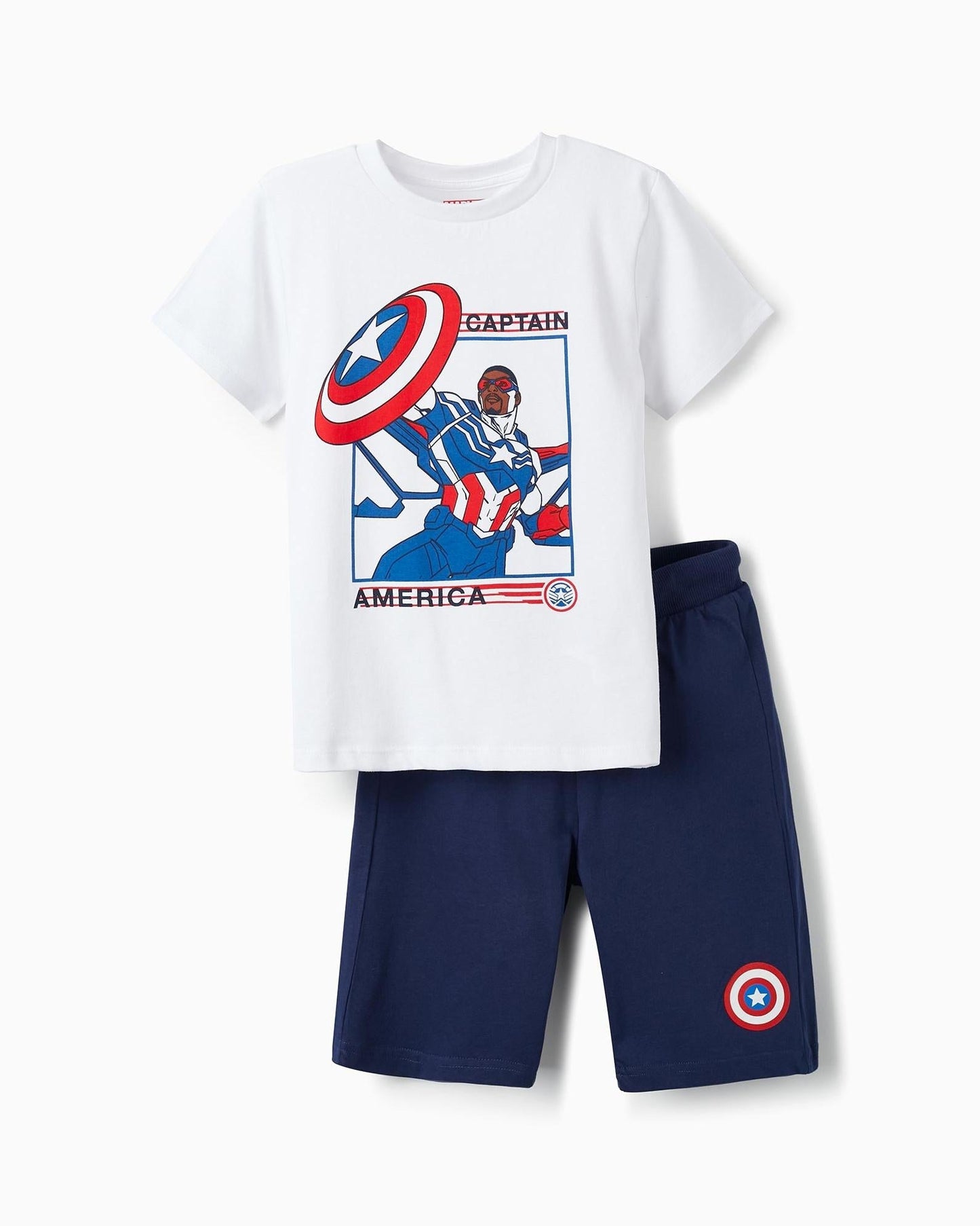 T-Shirt + Shorts for Boys 'Captain America', White/Blue