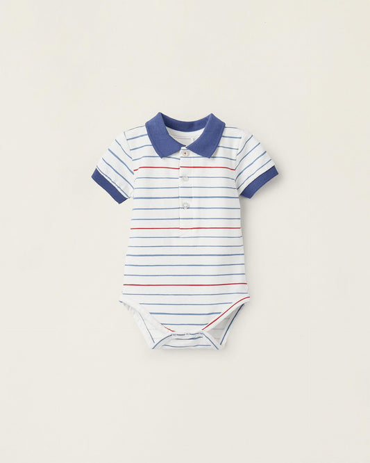 Striped Cotton Polo Bodysuit for Newborn Boys, White/Red/Blue