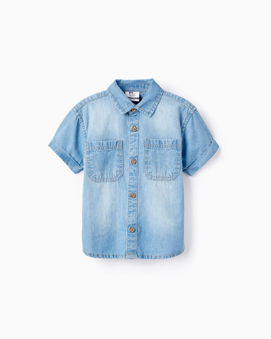 Short Sleeve Shirt in Cotton Denim for Baby Boys, Blue