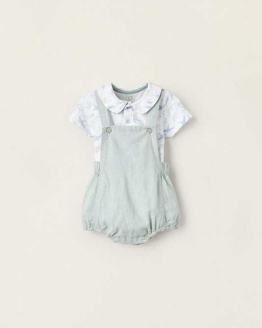 Bodysuit + Jumpsuit for Newborn Boys 'Swallows', White/Green/Blue