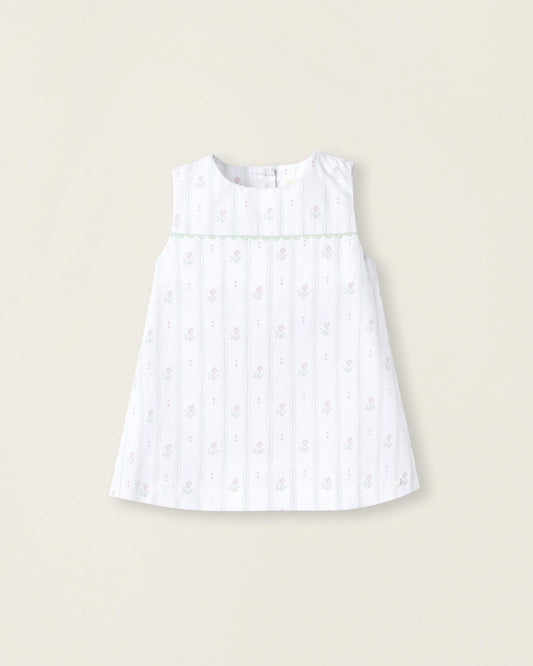 Striped and Floral Dress for Newborn Baby Girls, White/Green/Pink